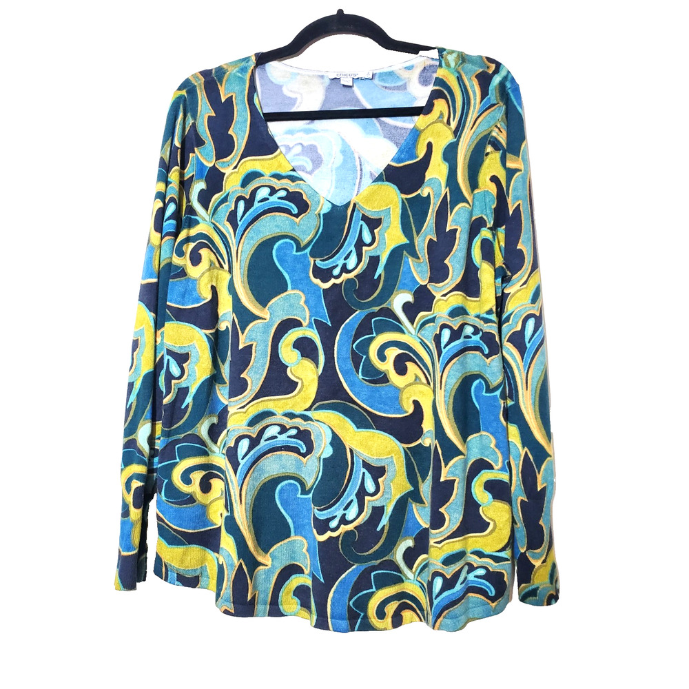 CHICO'S 2 Womens Large‎ Long Sweater Lightweight V-neck Blue Paisley Cotton